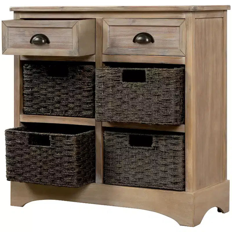 Whisen Rustic Storage Cabinet with Two Drawers and Four Classic Rattan Basket for Dining Room,Living Room