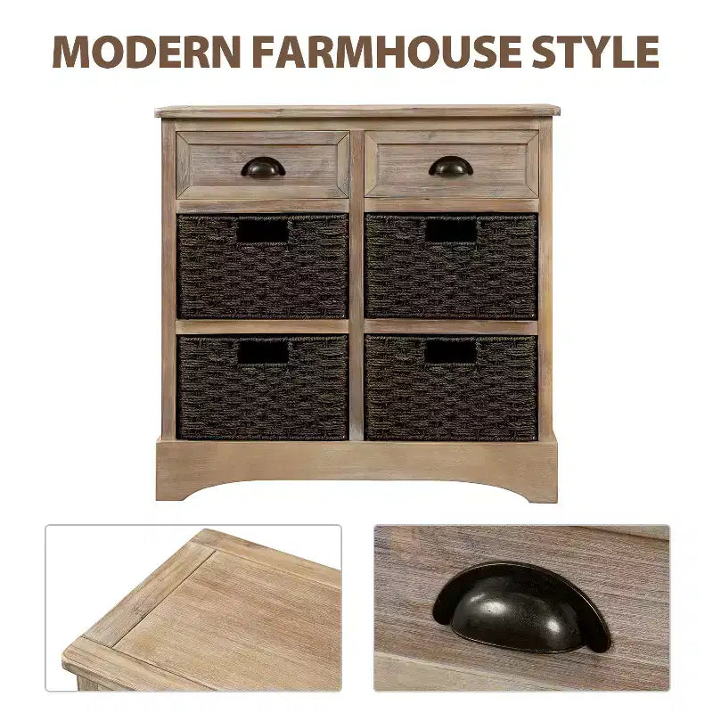 Whisen Rustic Storage Cabinet with Two Drawers and Four Classic Rattan Basket for Dining Room,Living Room