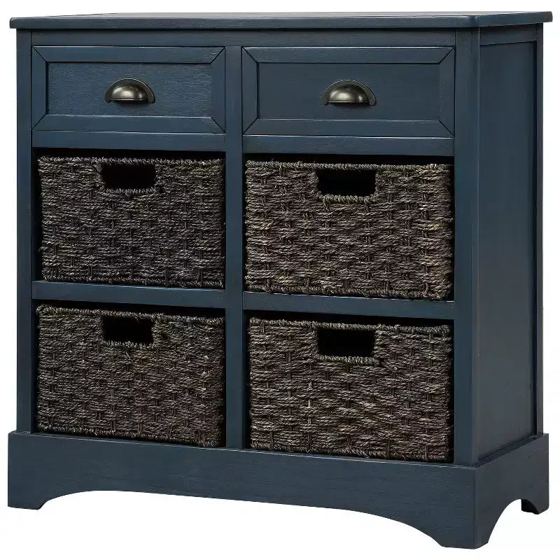 Whisen Rustic Storage Cabinet with Two Drawers and Four Classic Rattan Basket for Dining Room,Living Room