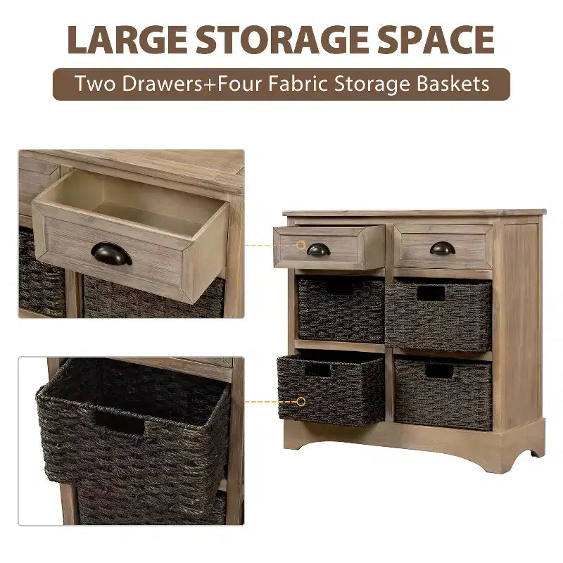 Whisen Rustic Storage Cabinet with Two Drawers and Four Classic Rattan Basket for Dining Room,Living Room