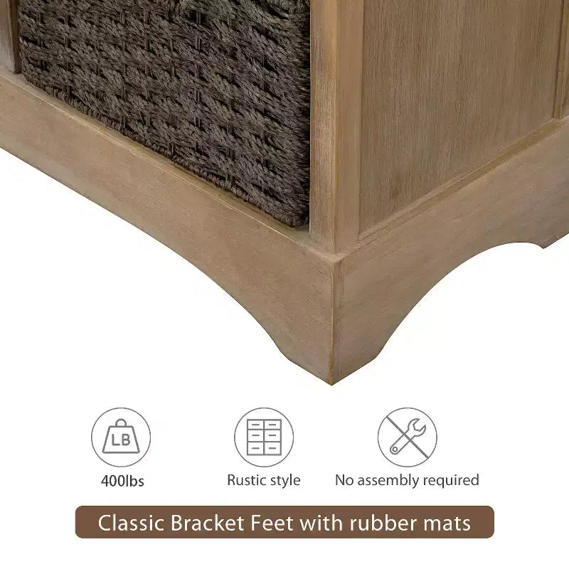 Whisen Rustic Storage Cabinet with Two Drawers and Four Classic Rattan Basket for Dining Room,Living Room