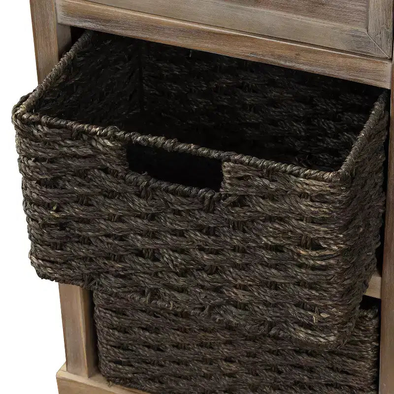 Whisen Rustic Storage Cabinet with Two Drawers and Four Classic Rattan Basket for Dining Room,Living Room