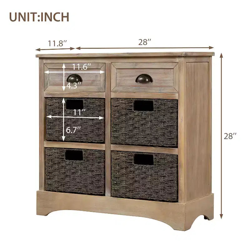 Whisen Rustic Storage Cabinet with Two Drawers and Four Classic Rattan Basket for Dining Room,Living Room