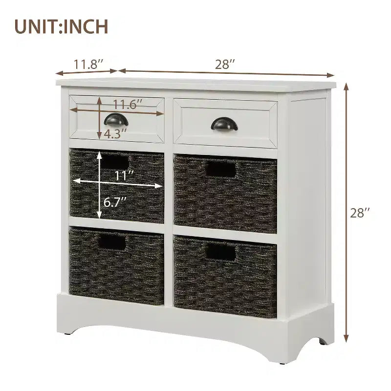Whisen Rustic Storage Cabinet with Two Drawers and Four Classic Rattan Basket for Dining Room,Living Room