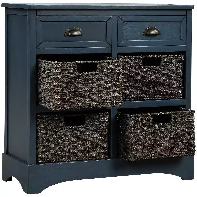 Whisen Rustic Storage Cabinet with Two Drawers and Four Classic Rattan Basket for Dining Room,Living Room