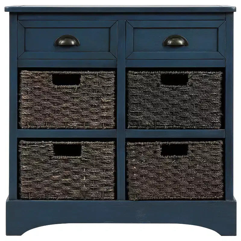 Whisen Rustic Storage Cabinet with Two Drawers and Four Classic Rattan Basket for Dining Room,Living Room