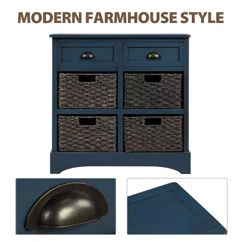 Whisen Rustic Storage Cabinet with Two Drawers and Four Classic Rattan Basket for Dining Room,Living Room