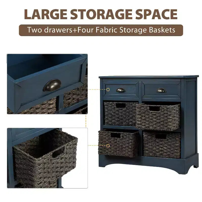 Whisen Rustic Storage Cabinet with Two Drawers and Four Classic Rattan Basket for Dining Room,Living Room
