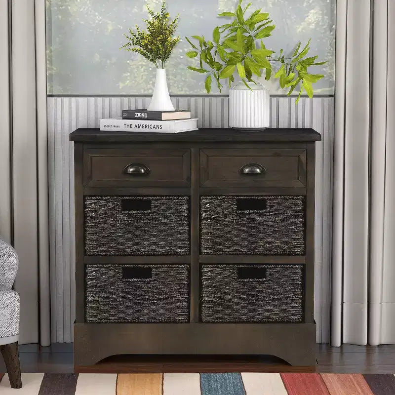 Whisen Rustic Storage Cabinet with Two Drawers and Four Classic Rattan Basket for Dining Room,Living Room