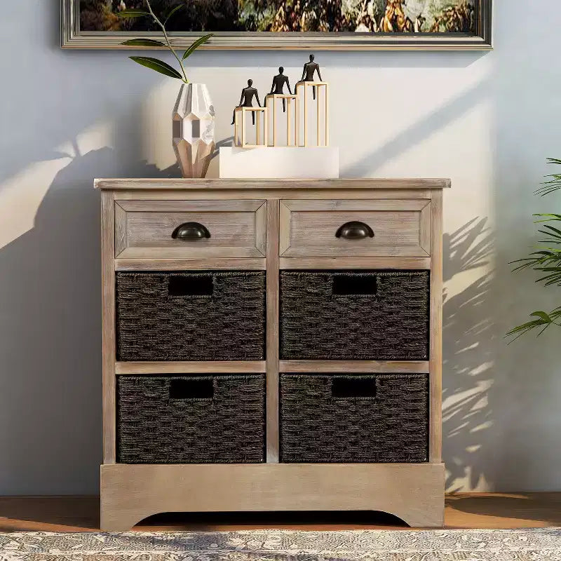 Whisen Rustic Storage Cabinet with Two Drawers and Four Classic Rattan Basket for Dining Room,Living Room