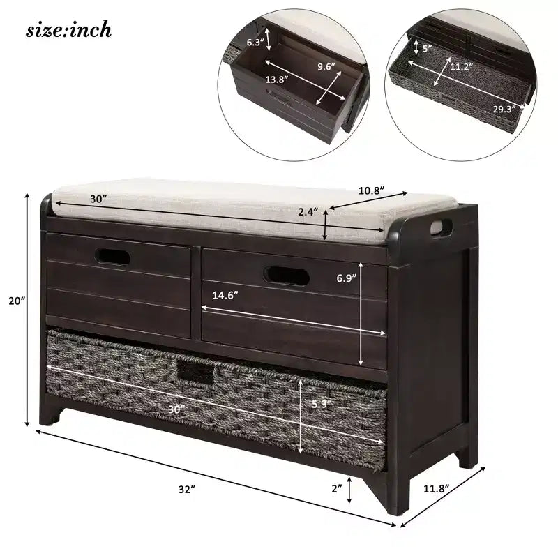 Whisen Storage Bench with Removable Basket and 2 Drawers