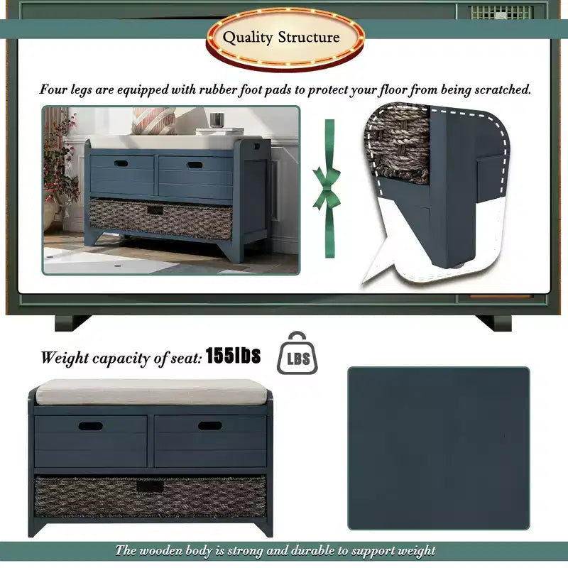 Whisen Storage Bench with Removable Basket and 2 Drawers