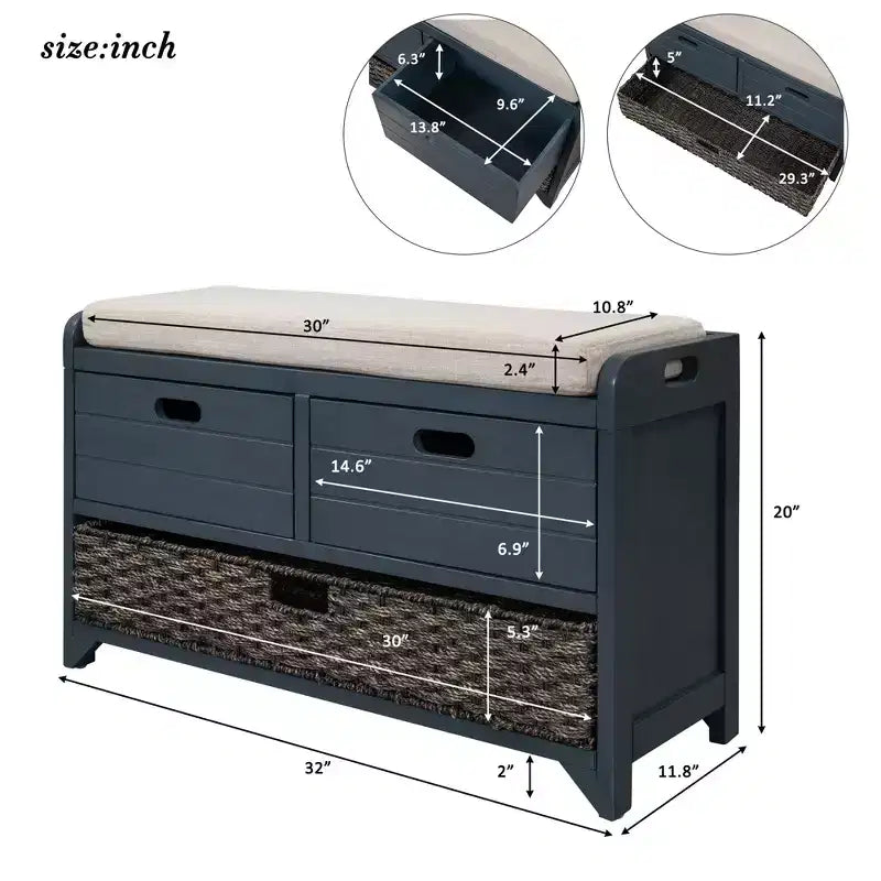 Whisen Storage Bench with Removable Basket and 2 Drawers
