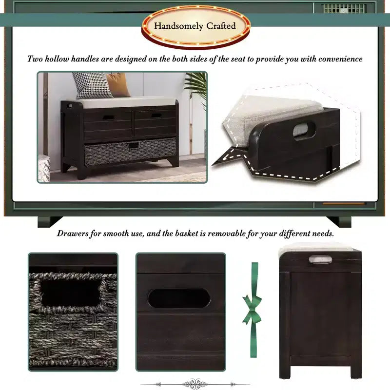Whisen Storage Bench with Removable Basket and 2 Drawers