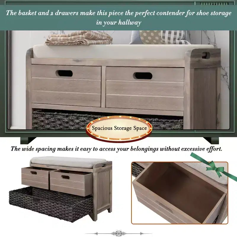 Whisen Storage Bench with Removable Basket and 2 Drawers