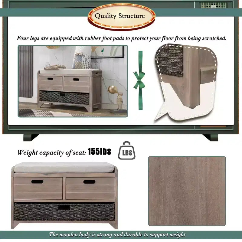 Whisen Storage Bench with Removable Basket and 2 Drawers