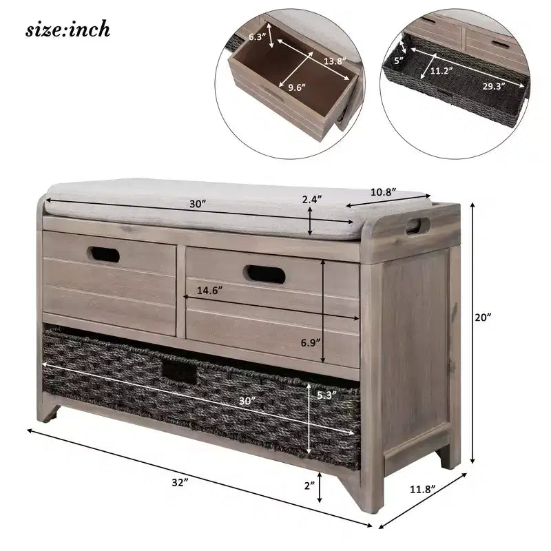 Whisen Storage Bench with Removable Basket and 2 Drawers