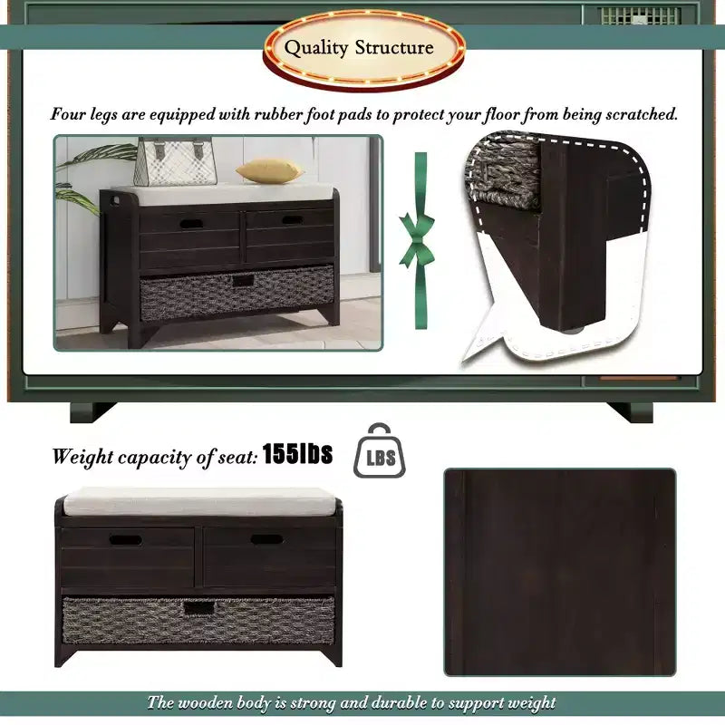 Whisen Storage Bench with Removable Basket and 2 Drawers