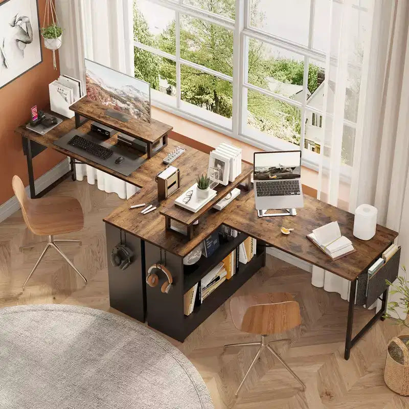 Bestier 42'' L-Shaped Computer Desk with Reversible Open Storage Shelves, Modern Home office Desk with LED Light & Monitor Stand