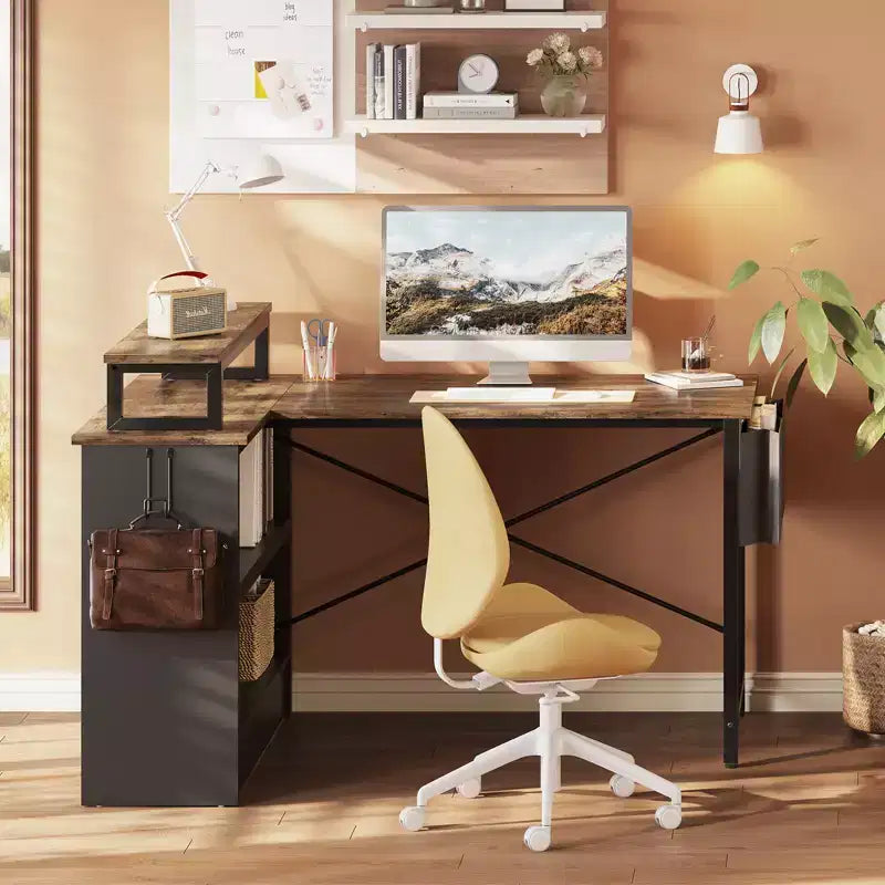 Bestier 42'' L-Shaped Computer Desk with Reversible Open Storage Shelves, Modern Home office Desk with LED Light & Monitor Stand
