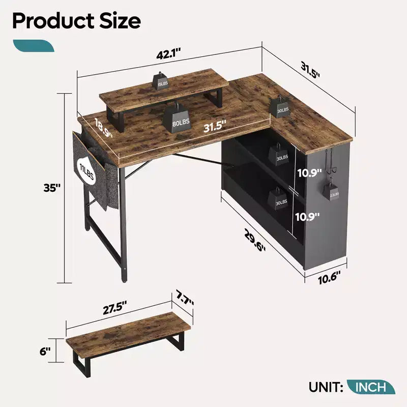 Bestier 42'' L-Shaped Computer Desk with Reversible Open Storage Shelves, Modern Home office Desk with LED Light & Monitor Stand