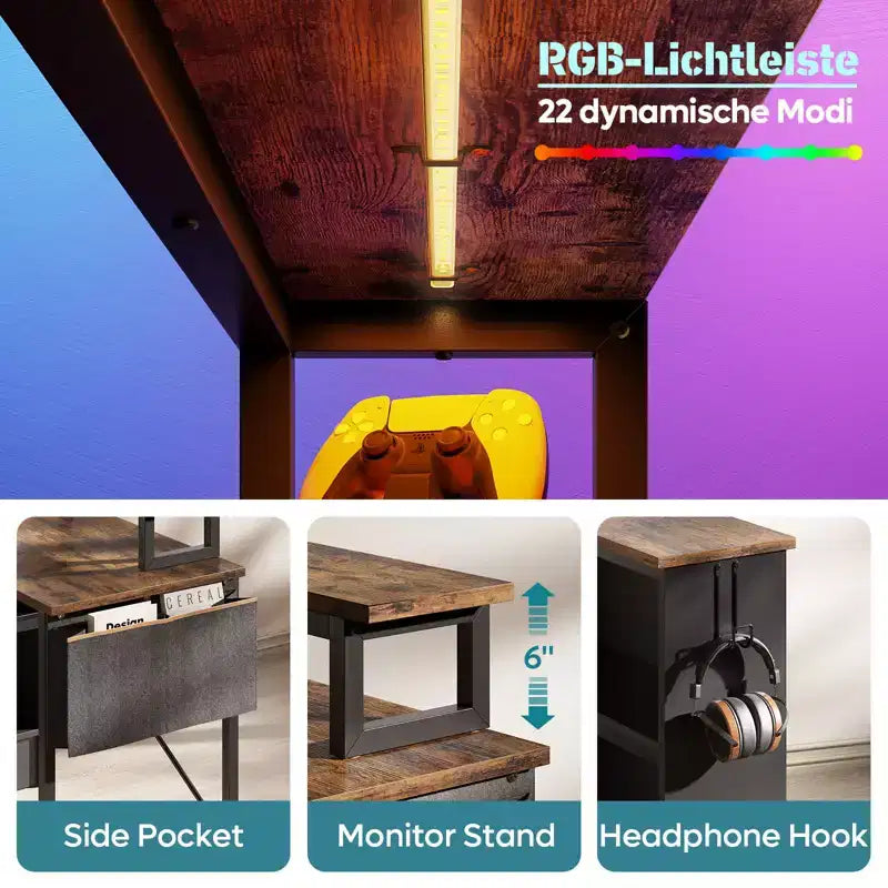 Bestier 42'' L-Shaped Computer Desk with Reversible Open Storage Shelves, Modern Home office Desk with LED Light & Monitor Stand