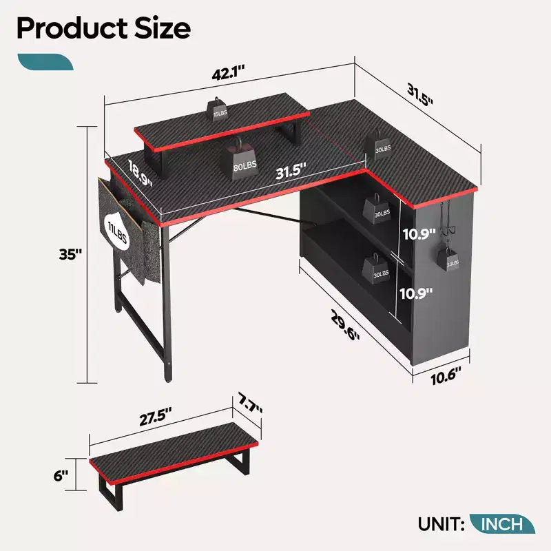 Bestier 42'' L-Shaped Computer Desk with Reversible Open Storage Shelves, Modern Home office Desk with LED Light & Monitor Stand
