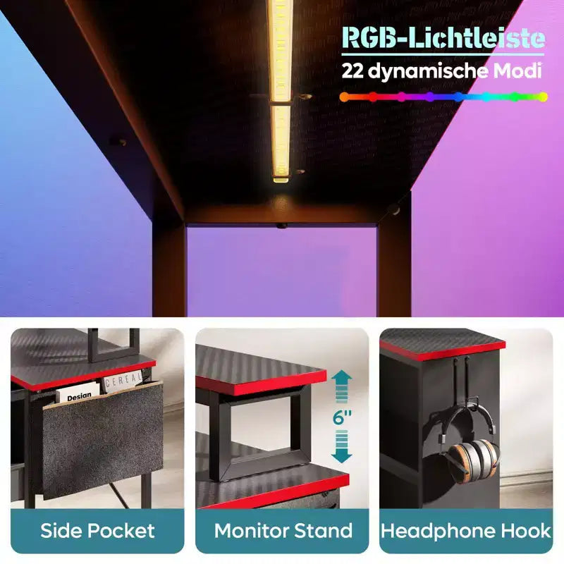 Bestier 42'' L-Shaped Computer Desk with Reversible Open Storage Shelves, Modern Home office Desk with LED Light & Monitor Stand