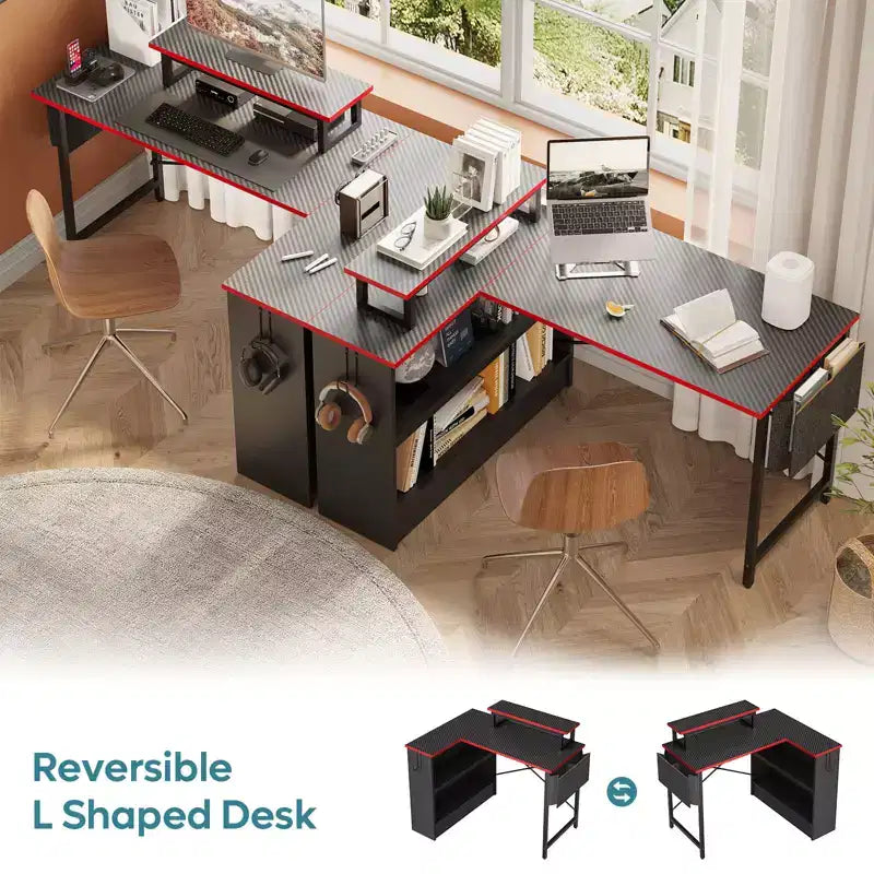 Bestier 42'' L-Shaped Computer Desk with Reversible Open Storage Shelves, Modern Home office Desk with LED Light & Monitor Stand