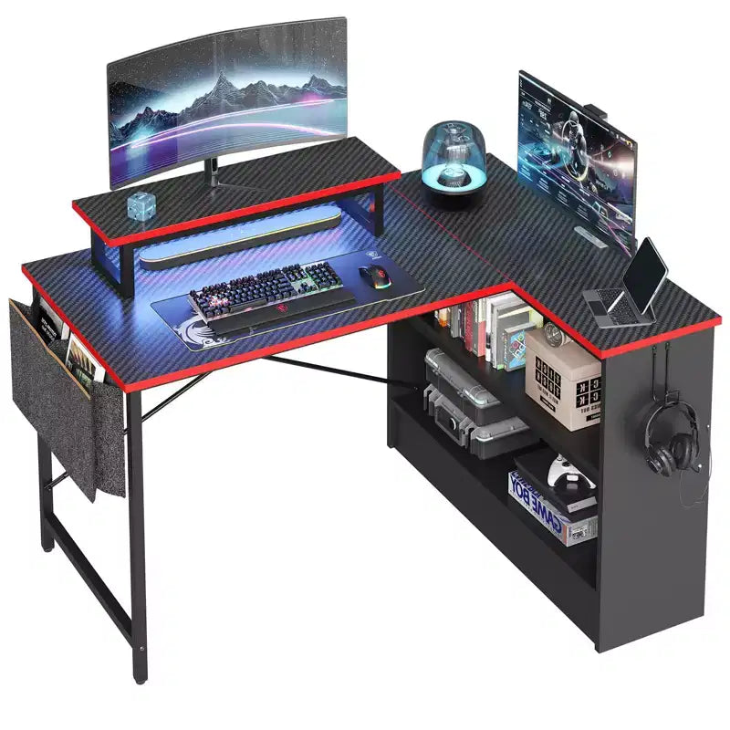Bestier 42'' L-Shaped Computer Desk with Reversible Open Storage Shelves, Modern Home office Desk with LED Light & Monitor Stand