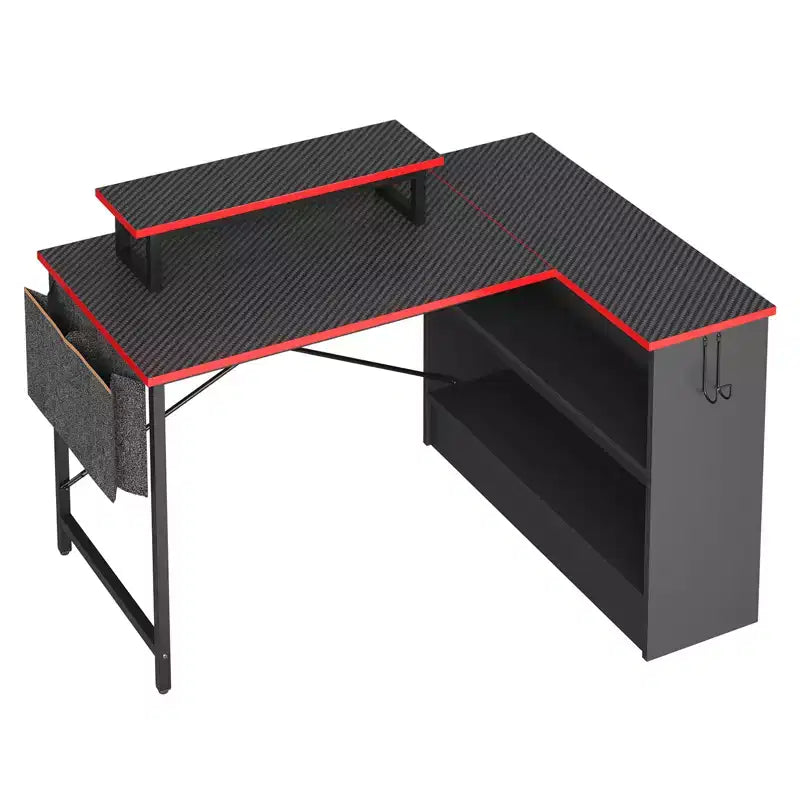 Bestier 42'' L-Shaped Computer Desk with Reversible Open Storage Shelves, Modern Home office Desk with LED Light & Monitor Stand