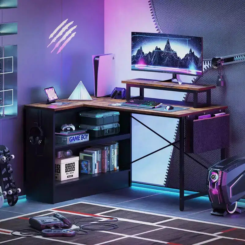 Bestier 42'' L-Shaped Computer Desk with Reversible Open Storage Shelves, Modern Home office Desk with LED Light & Monitor Stand