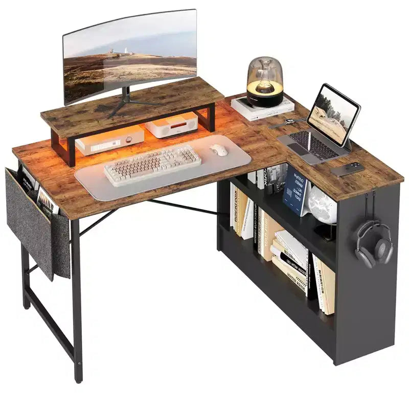 Bestier 42'' L-Shaped Computer Desk with Reversible Open Storage Shelves, Modern Home office Desk with LED Light & Monitor Stand
