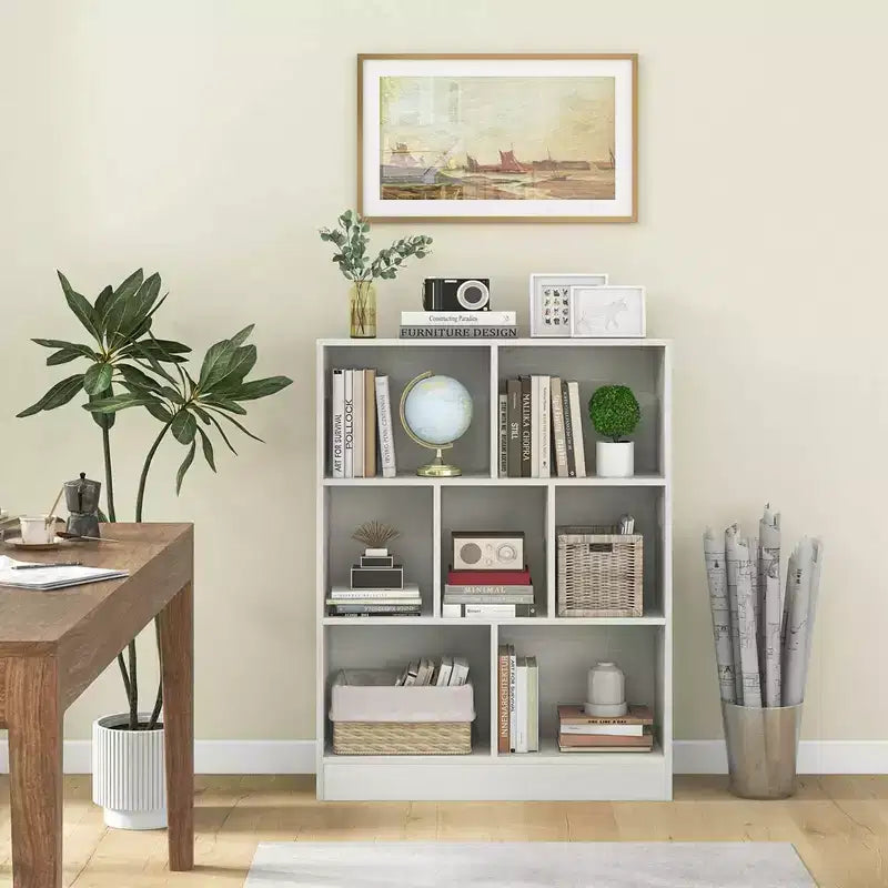 Costway 7-Cube Bookcase for Kids 41 Wooden Toy Storage Organizer Freestanding Bookshelf Brown/White