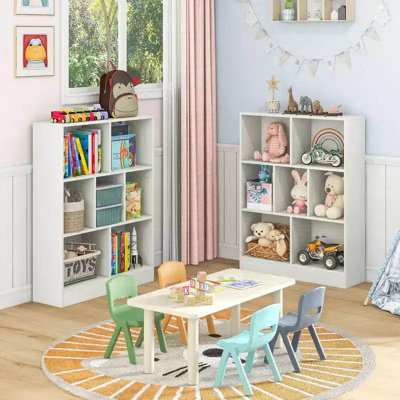 Costway 7-Cube Bookcase for Kids 41 Wooden Toy Storage Organizer Freestanding Bookshelf Brown/White