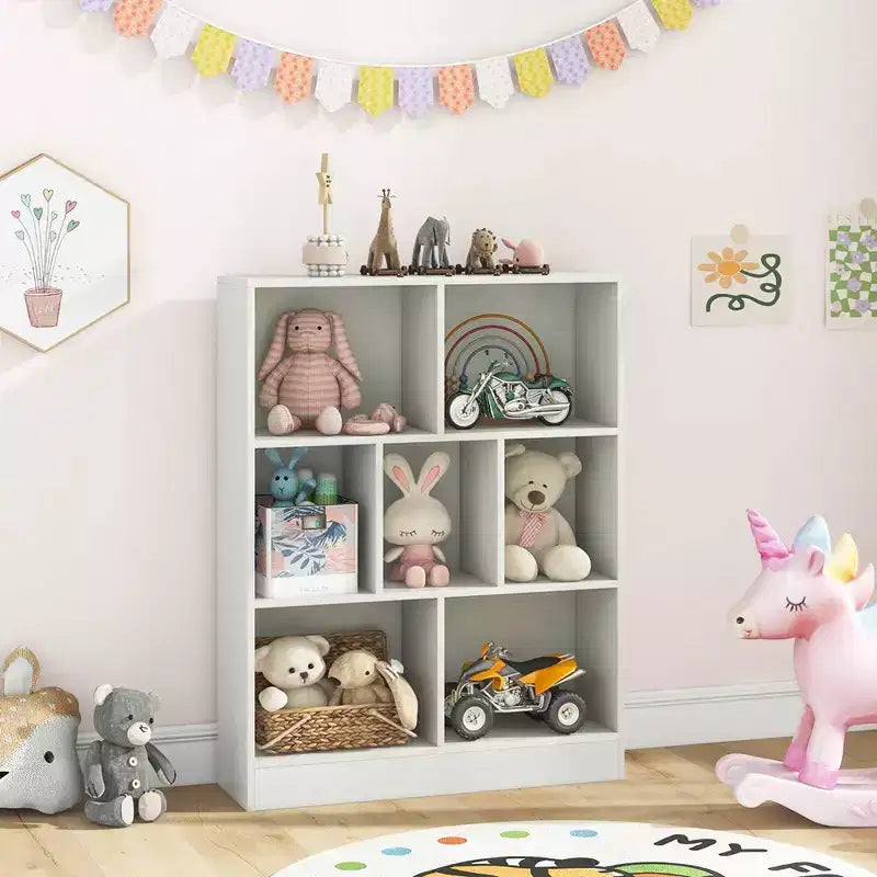 Costway 7-Cube Bookcase for Kids 41 Wooden Toy Storage Organizer Freestanding Bookshelf Brown/White