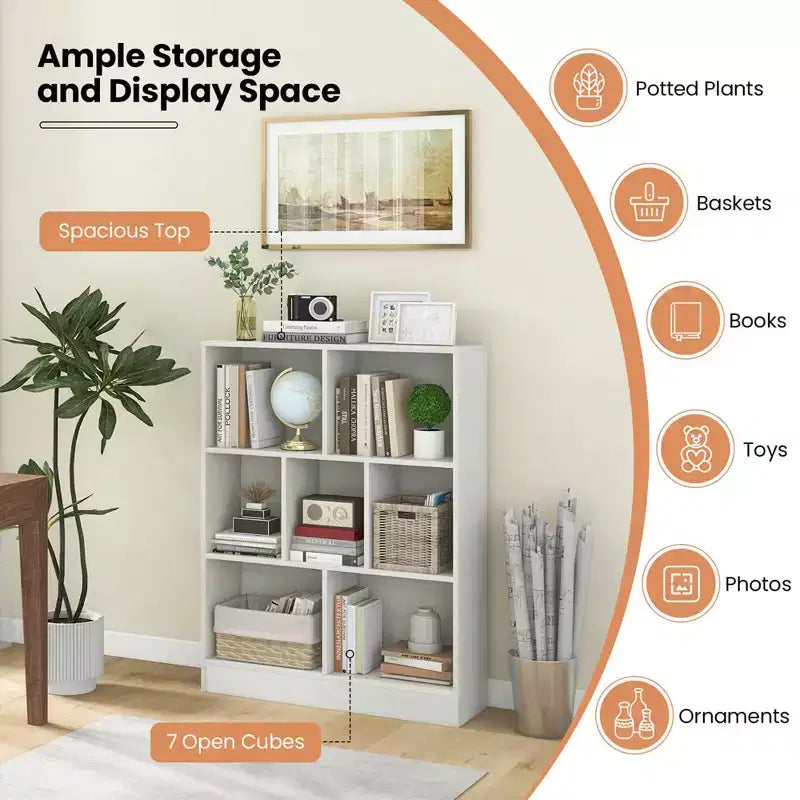 Costway 7-Cube Bookcase for Kids 41 Wooden Toy Storage Organizer Freestanding Bookshelf Brown/White