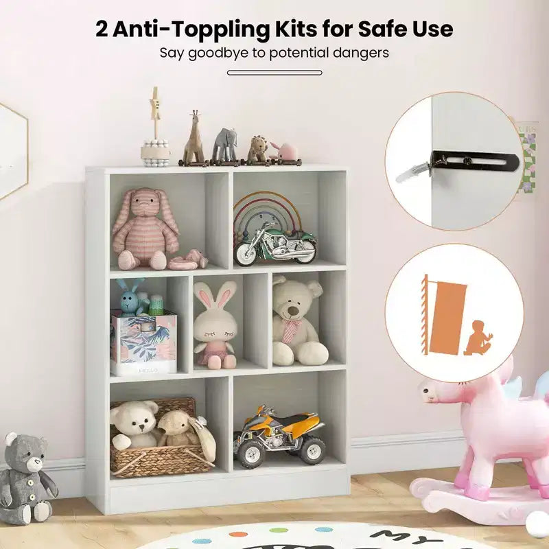 Costway 7-Cube Bookcase for Kids 41 Wooden Toy Storage Organizer Freestanding Bookshelf Brown/White