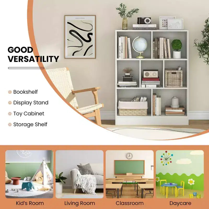 Costway 7-Cube Bookcase for Kids 41 Wooden Toy Storage Organizer Freestanding Bookshelf Brown/White