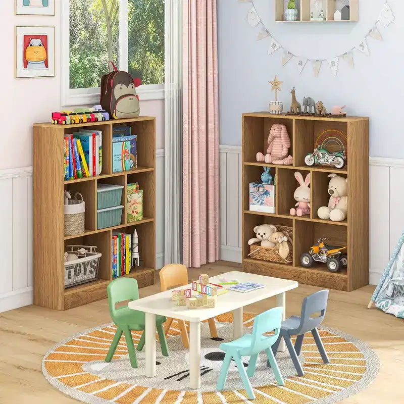 Costway 7-Cube Bookcase for Kids 41 Wooden Toy Storage Organizer Freestanding Bookshelf Brown/White