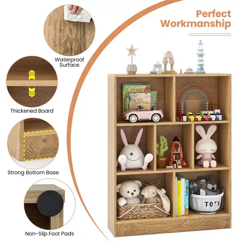 Costway 7-Cube Bookcase for Kids 41 Wooden Toy Storage Organizer Freestanding Bookshelf Brown/White
