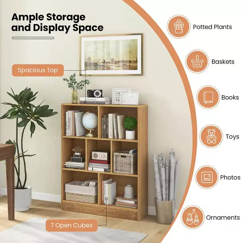 Costway 7-Cube Bookcase for Kids 41 Wooden Toy Storage Organizer Freestanding Bookshelf Brown/White