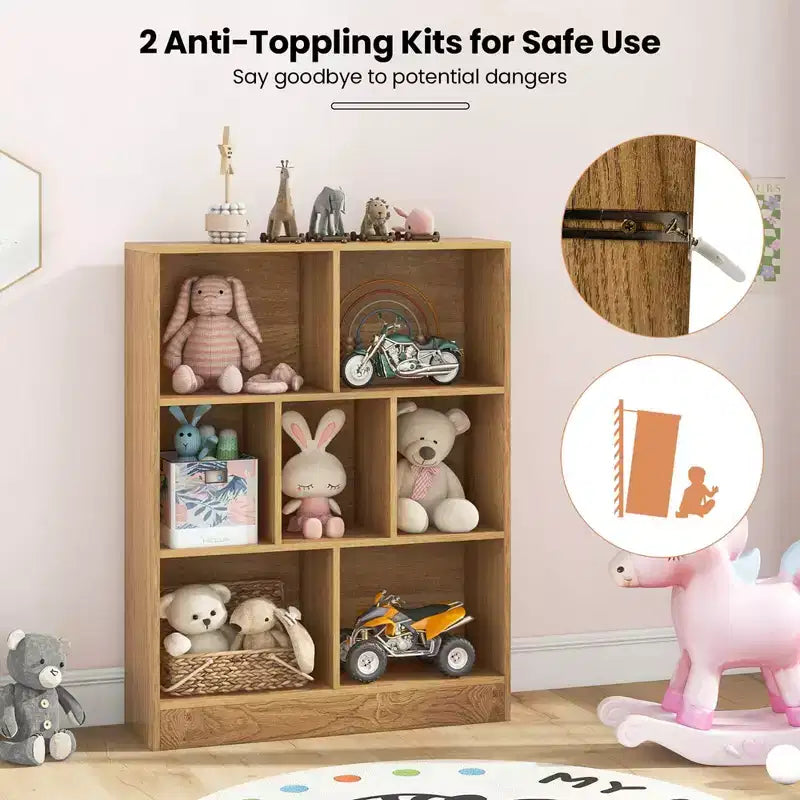 Costway 7-Cube Bookcase for Kids 41 Wooden Toy Storage Organizer Freestanding Bookshelf Brown/White