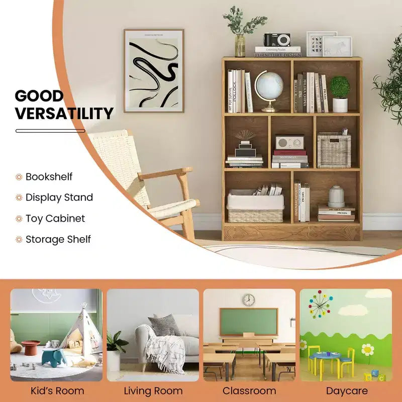 Costway 7-Cube Bookcase for Kids 41 Wooden Toy Storage Organizer Freestanding Bookshelf Brown/White