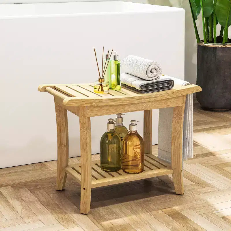 Bamboo Shower Bench with Storage Shelf, Waterproof, 330 lbs Capacity