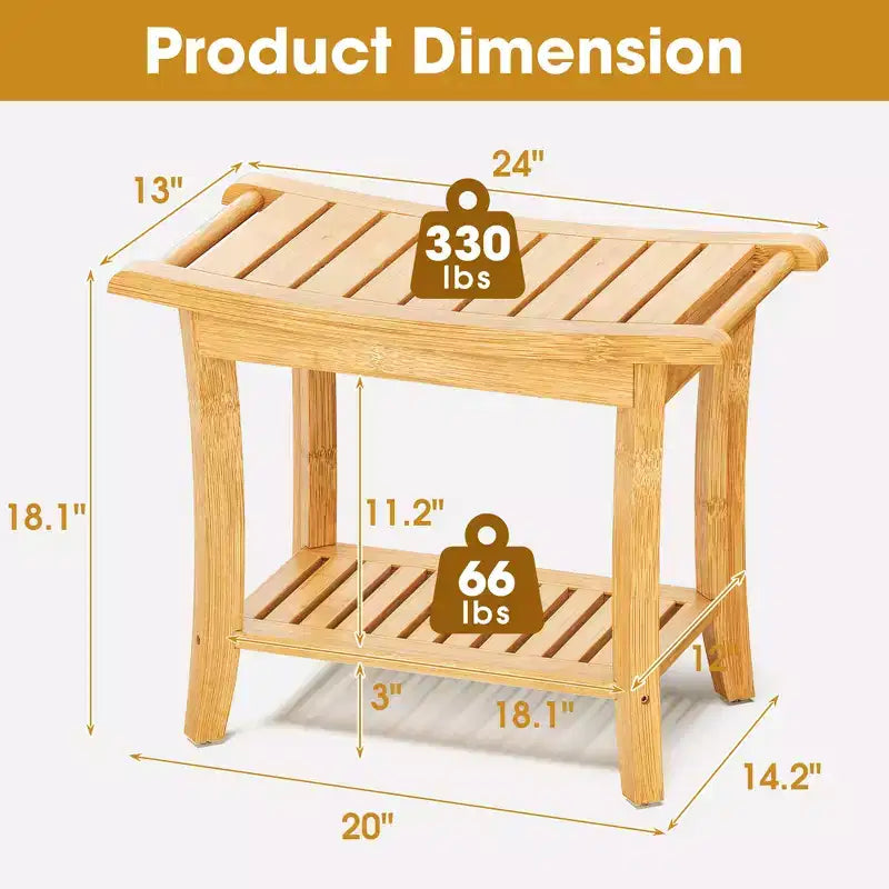 Bamboo Shower Bench with Storage Shelf, Waterproof, 330 lbs Capacity