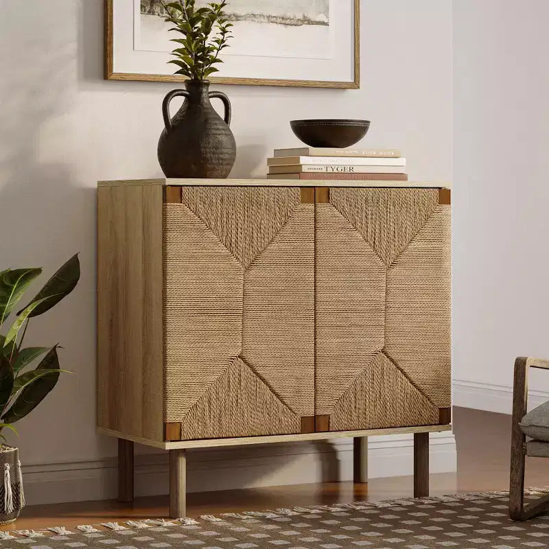 LuxenHome Mid-Century Modern Rope 2-Door Cabinet with Wood Legs Natural