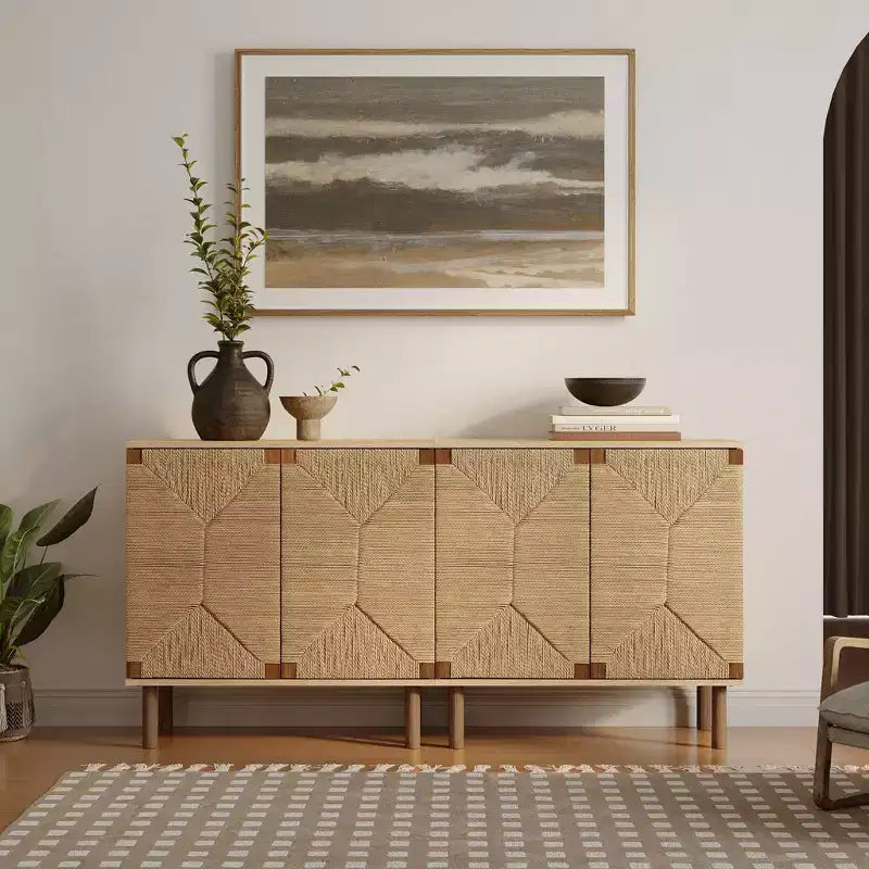 LuxenHome Mid-Century Modern Rope 2-Door Cabinet with Wood Legs Natural