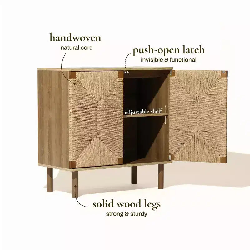 LuxenHome Mid-Century Modern Rope 2-Door Cabinet with Wood Legs Natural