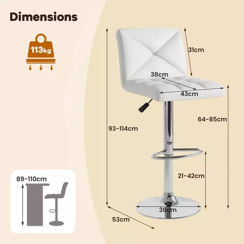 Costway Modern Bar Stools Set of 2 PU Leather Upholstered Swivel Counter Stools with Back Black/Brown/White